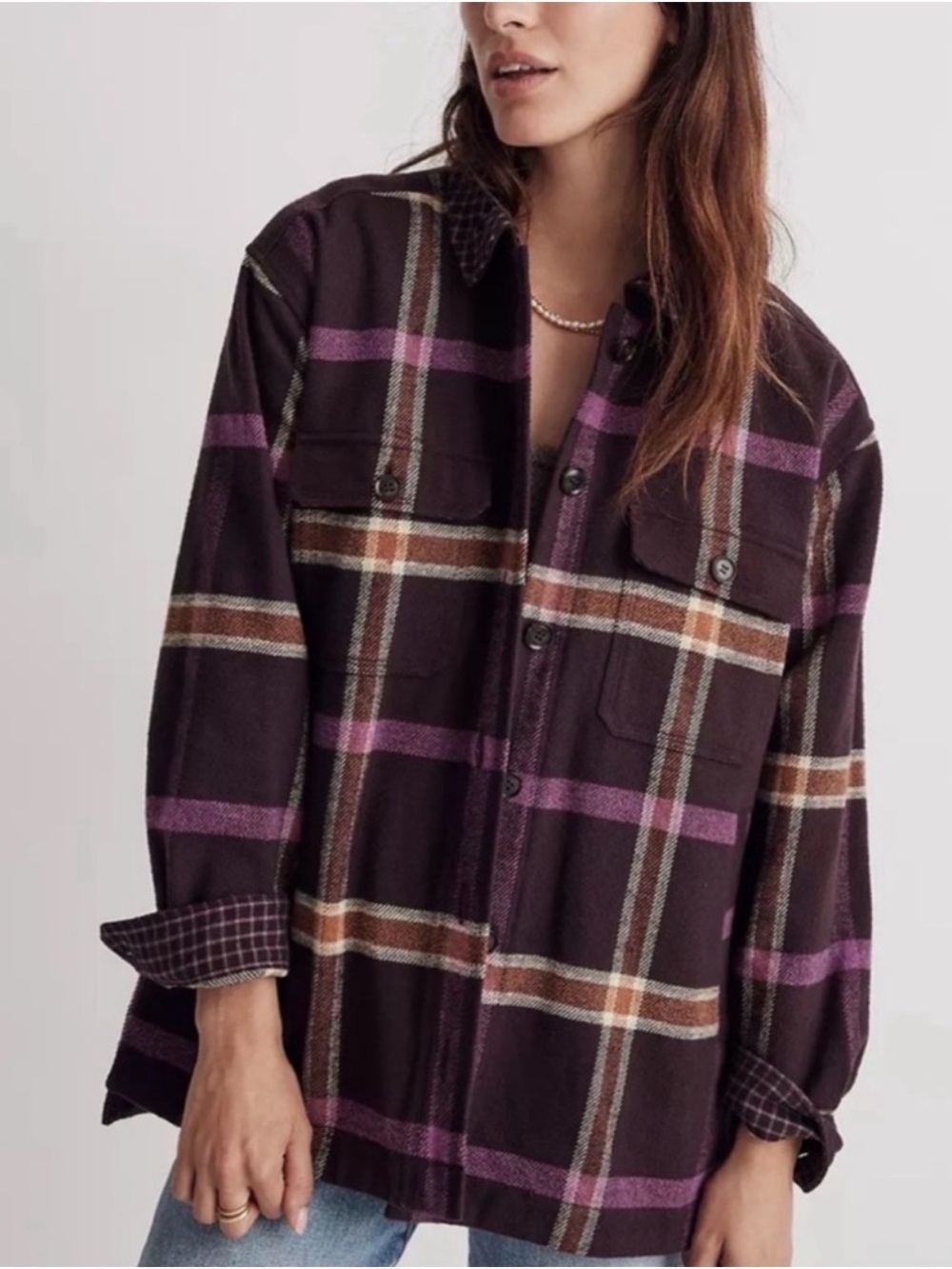 Madewell Tilda Rigby Shirt Jacket Plaid Spiced Raisin Purple XL